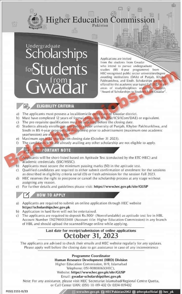 HEC Gwadar Undergraduate Scholarships 2023