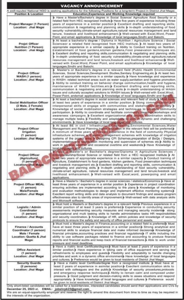 NGO Jhal Magsi and Quetta Jobs 2023