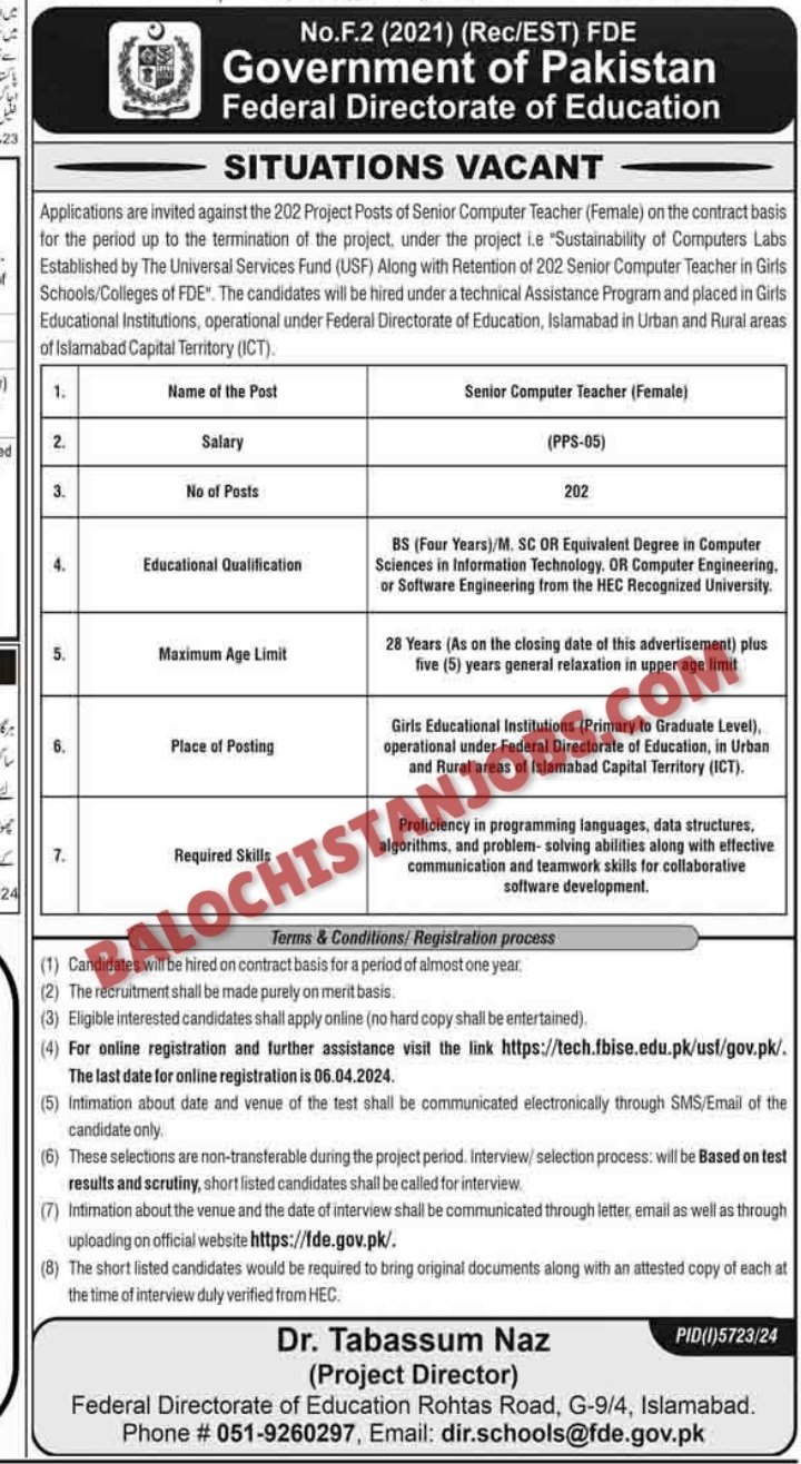 Federal Directorate of Education FDE Teaching Balochistan Jobs 2024