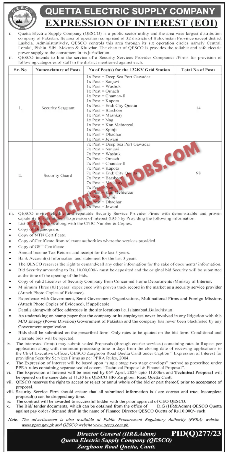 Quetta Electric Supply Compnay Qesco Balochistan Jobs 2024