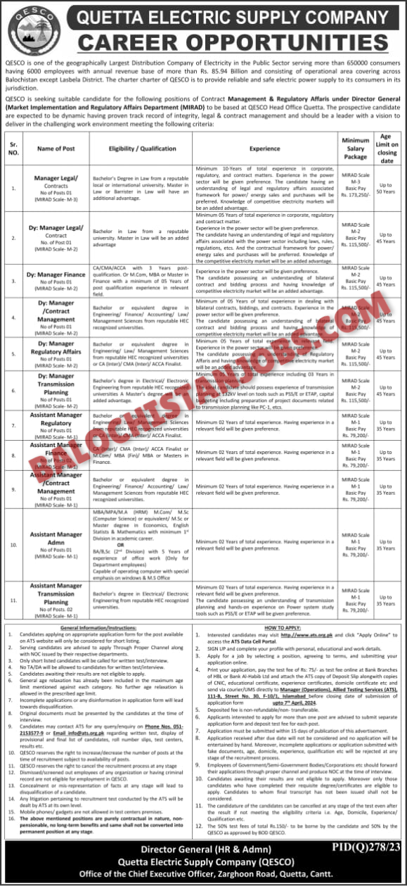 Quetta Electric Supply Company QESCO Jobs 2024