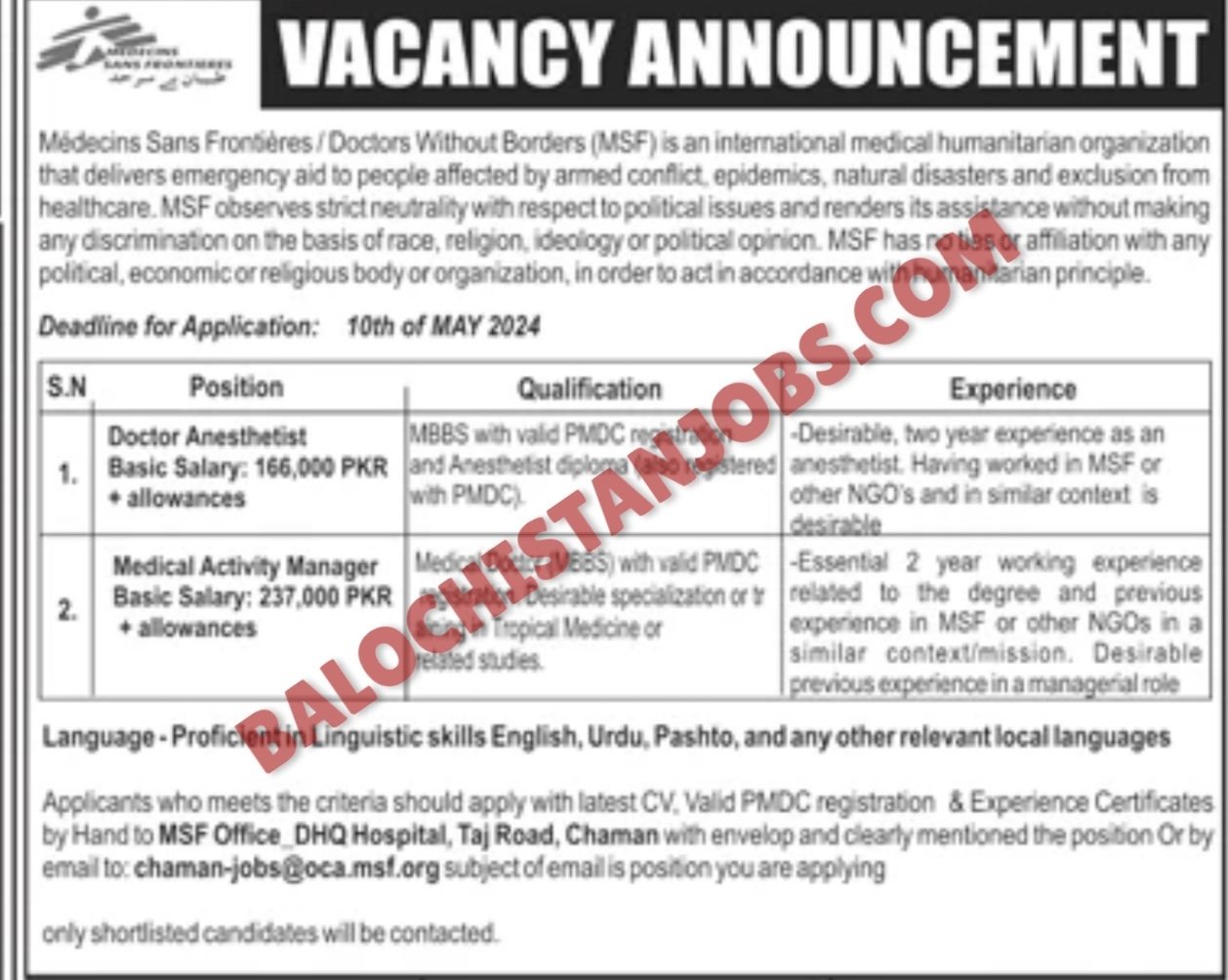 Medecins Sans Frontiers MSF Balochistan Jobs 2024