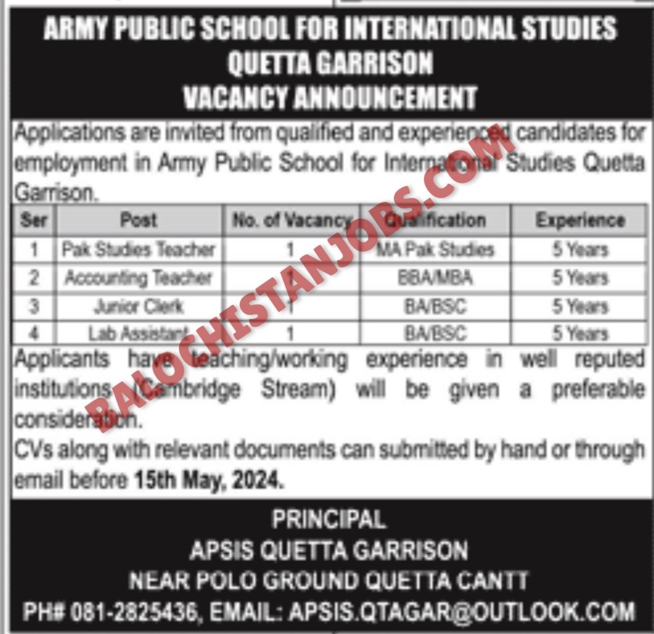 Army Public School Quetta Cantt Jobs 2024