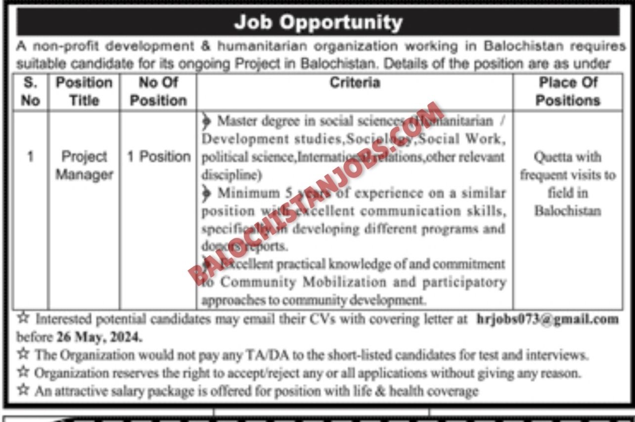 Project Manager NGO Quetta Jobs 2024