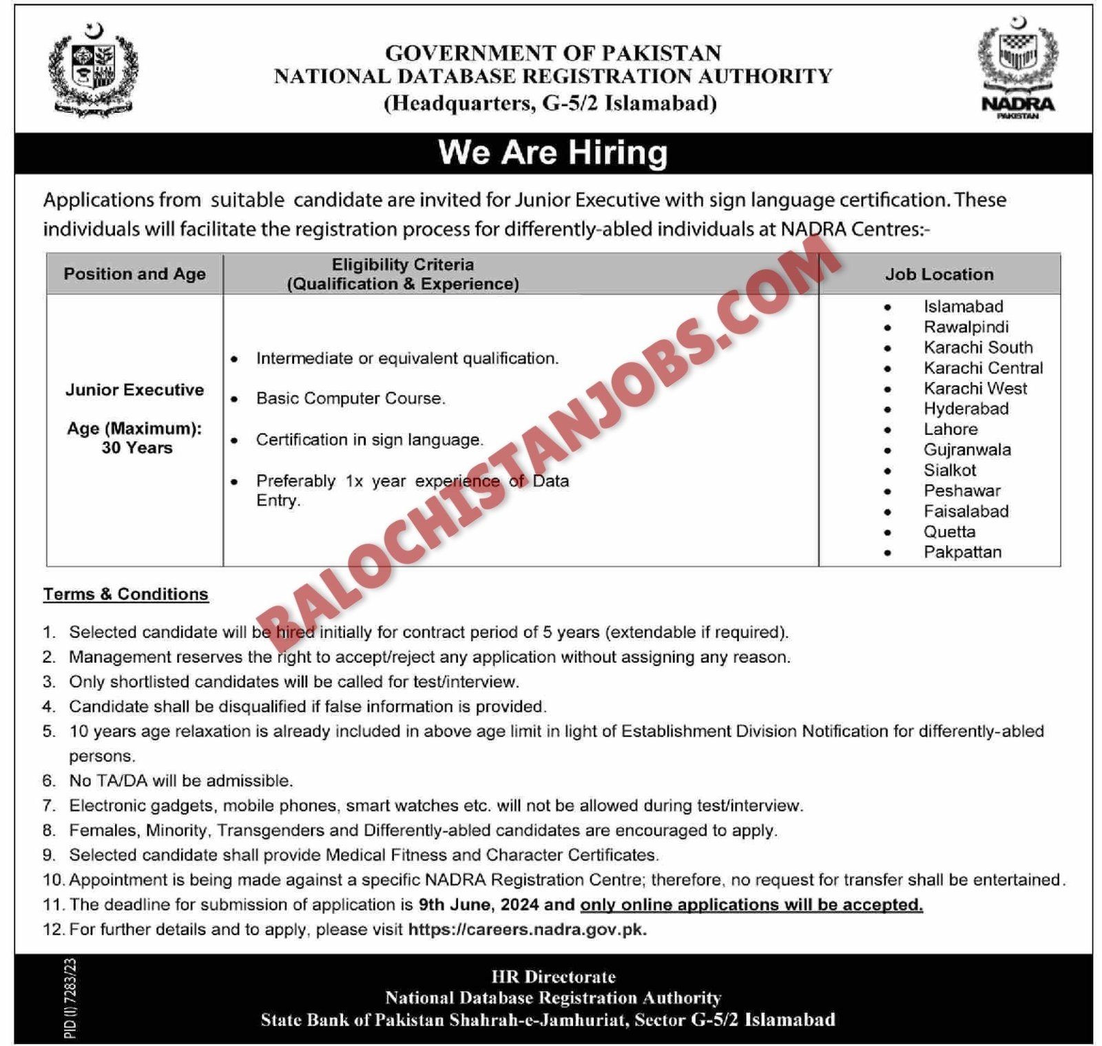 NADRA Quetta Jobs 2024