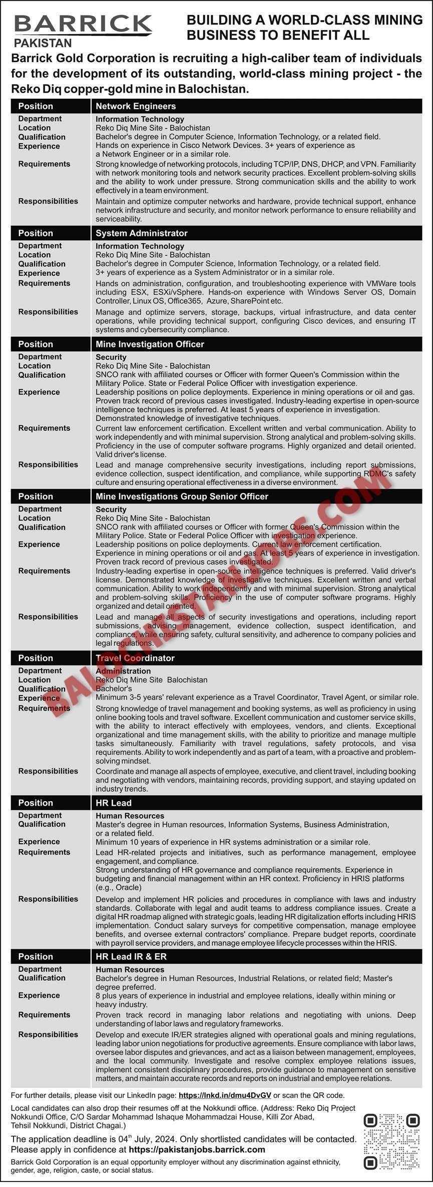 Reqo Dek Goldmine Balochistan Jobs 2024