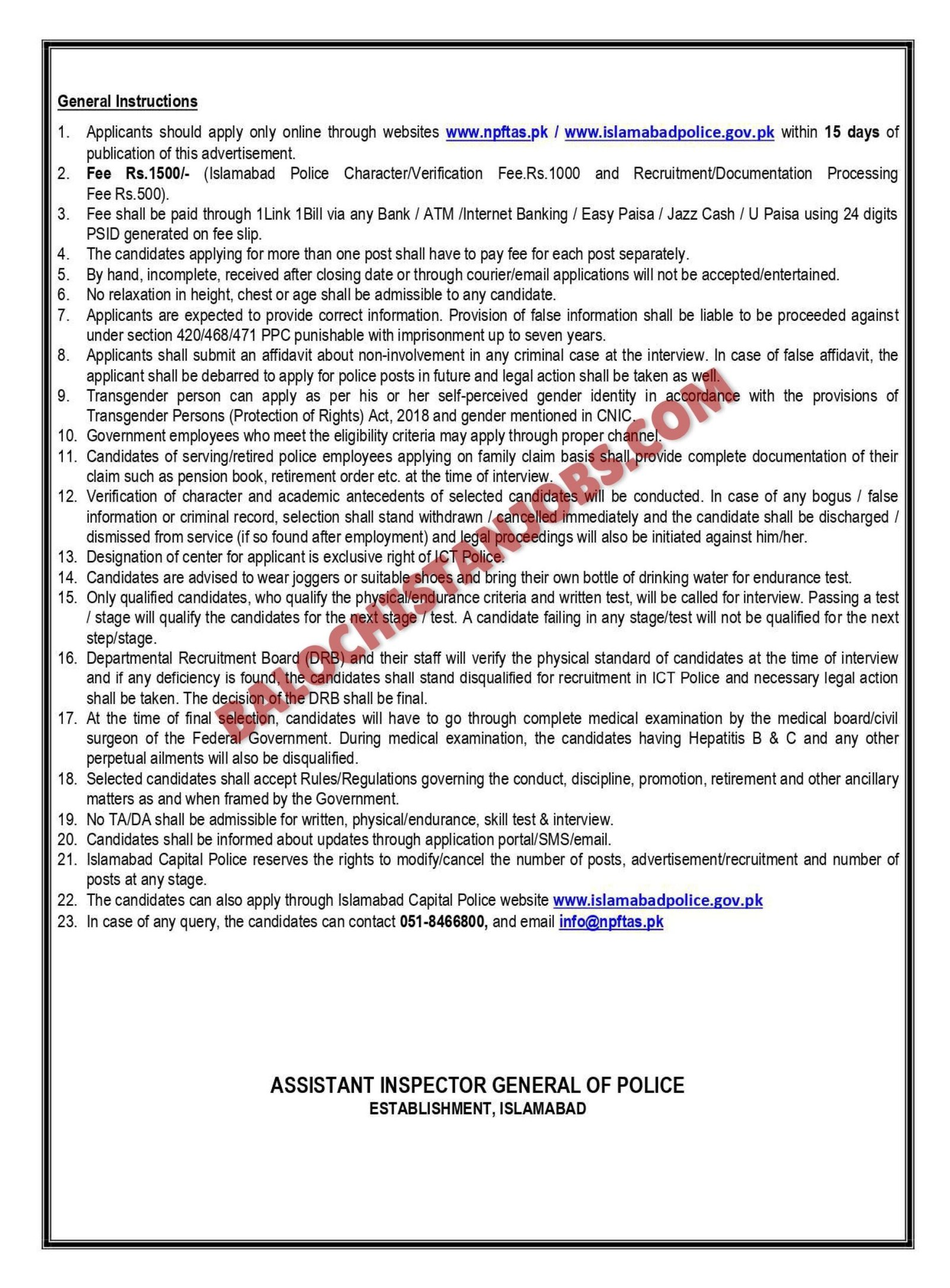 Islamabad Capital Police Balochistan Quota Jobs 2024