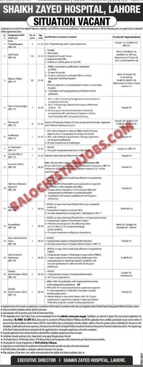 Sheikh Zayed Hospital Lahore Jobs 2024 Balochistan