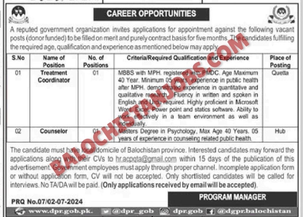 Government Organization Quetta and Hub Jobs 2024