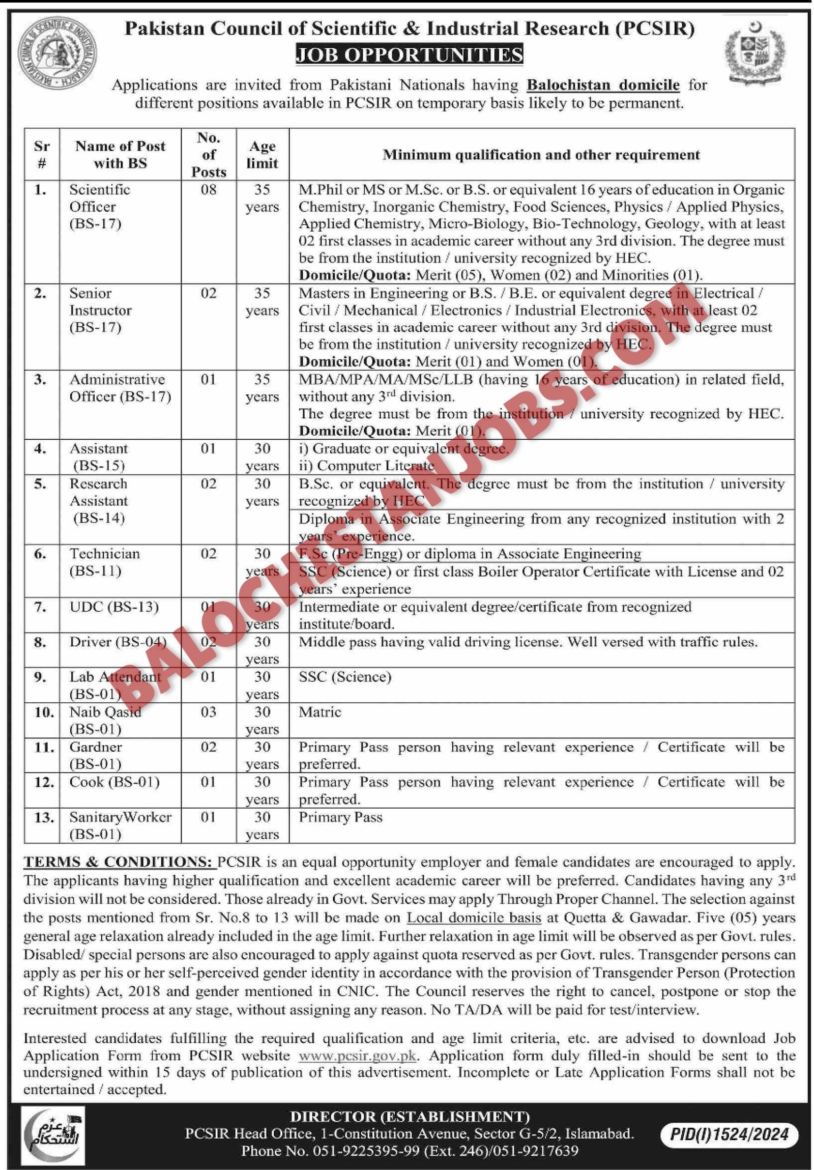 Pakistan Council of Scientific & Industrial Research PCSIR Balochistan Jobs 2024