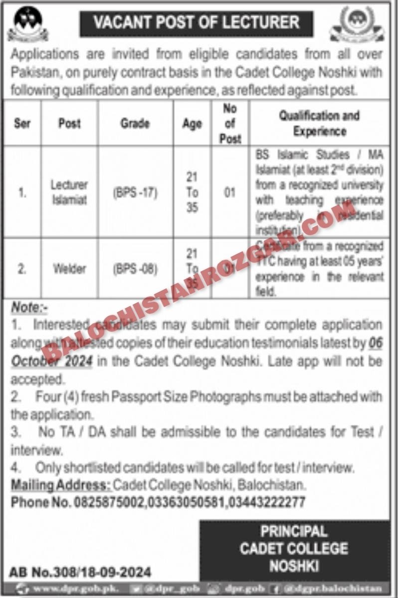 Cadet College Noshki Jobs 2024