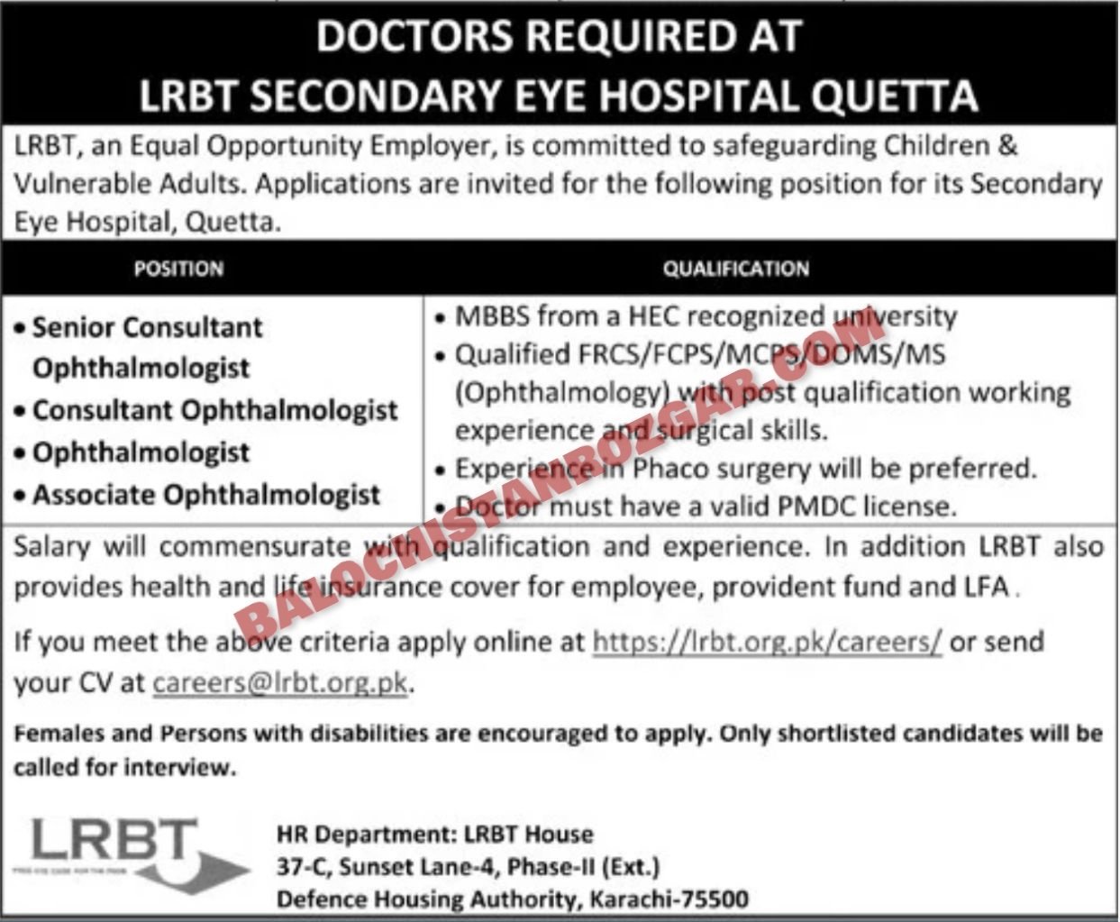 LRBT Secondary Aye Hospital Quetta Jobs 2024