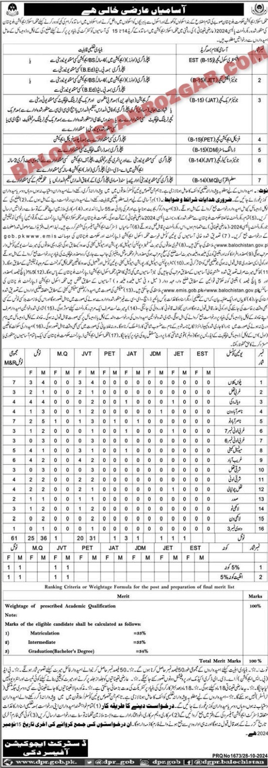 Balochistan Education Department Duki Jobs 2024