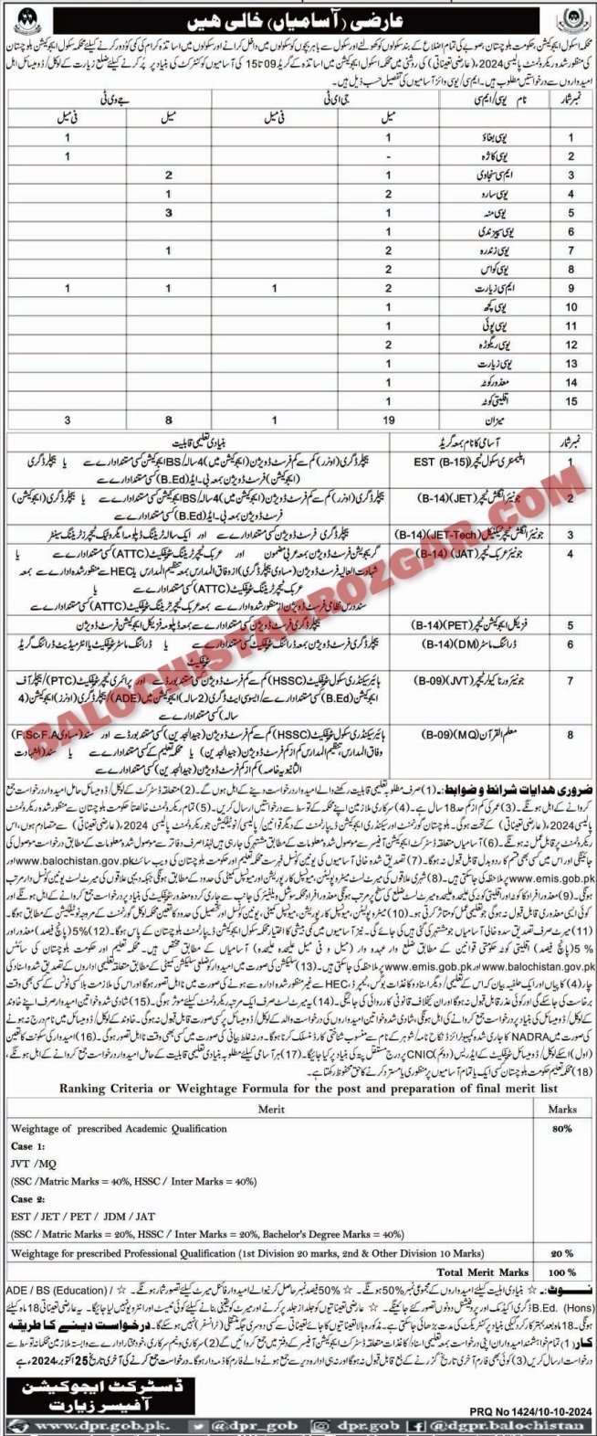 Education Department Ziarat Jobs 2024