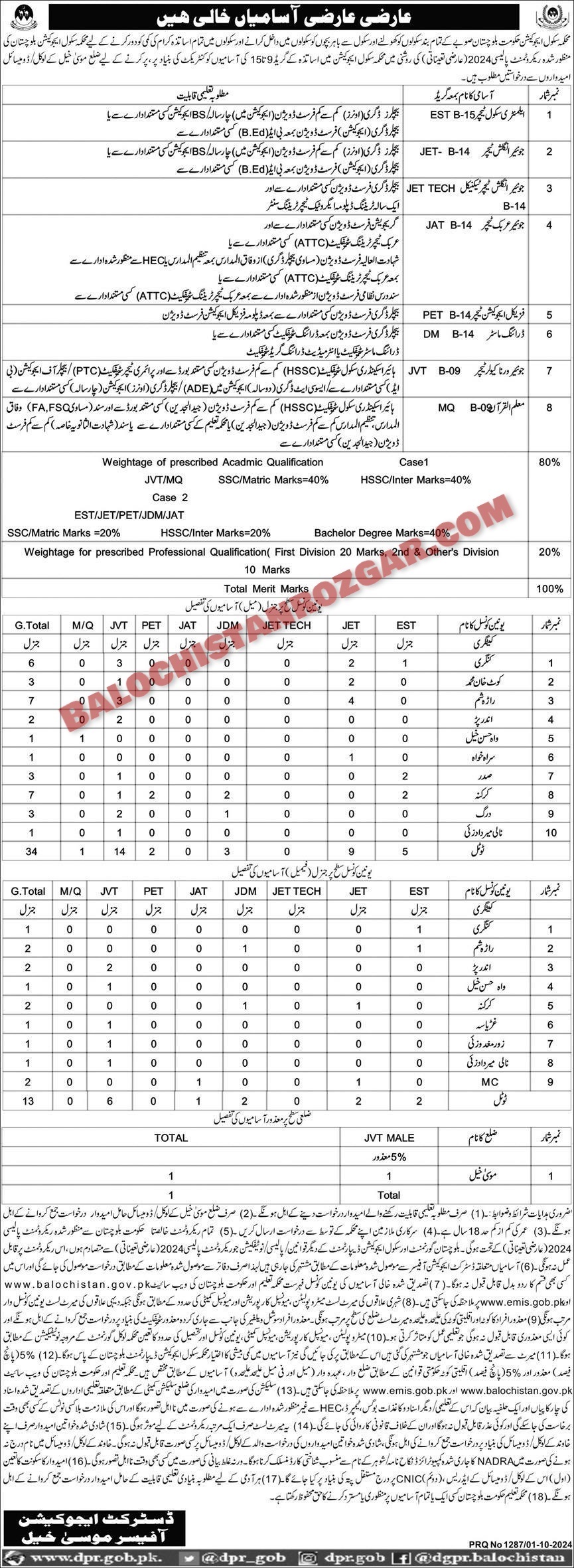 Balochistan Education Department Musa Khel Jobs 2024