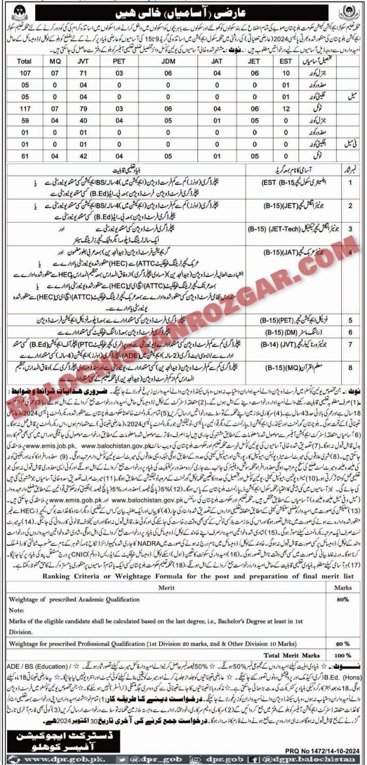 Balochistan Education Department Kohlu Jobs 2024