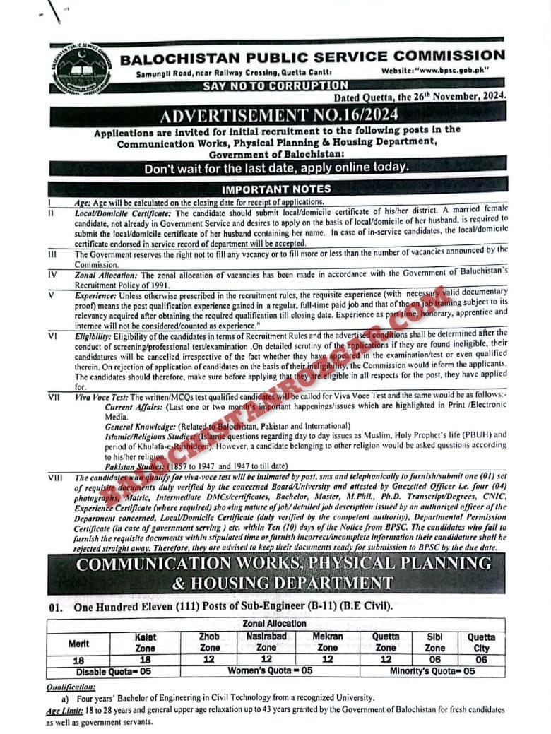 BPSC Advertisement No 16 Jobs 2024