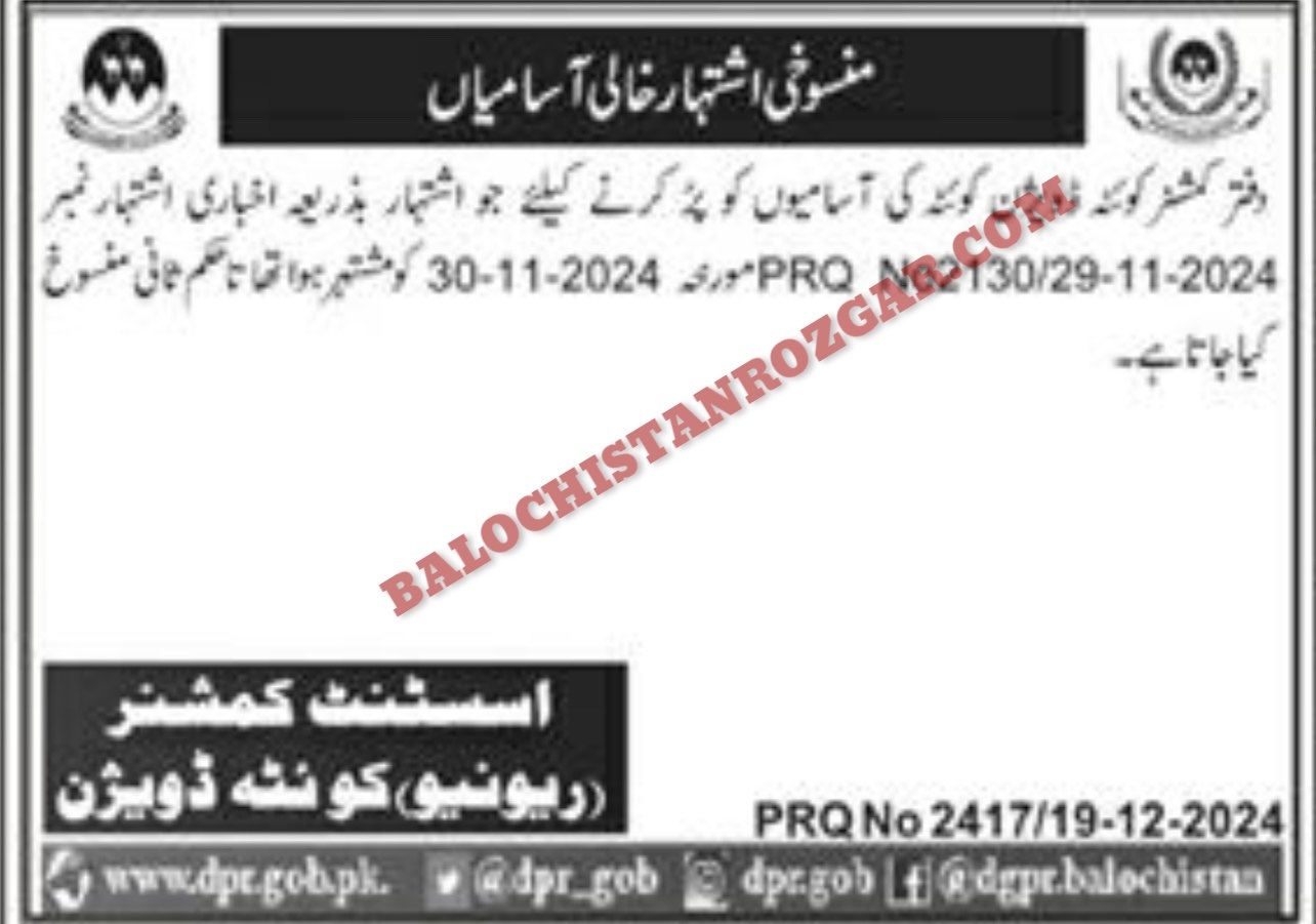 Revenue Department Quetta Division Jobs 2024