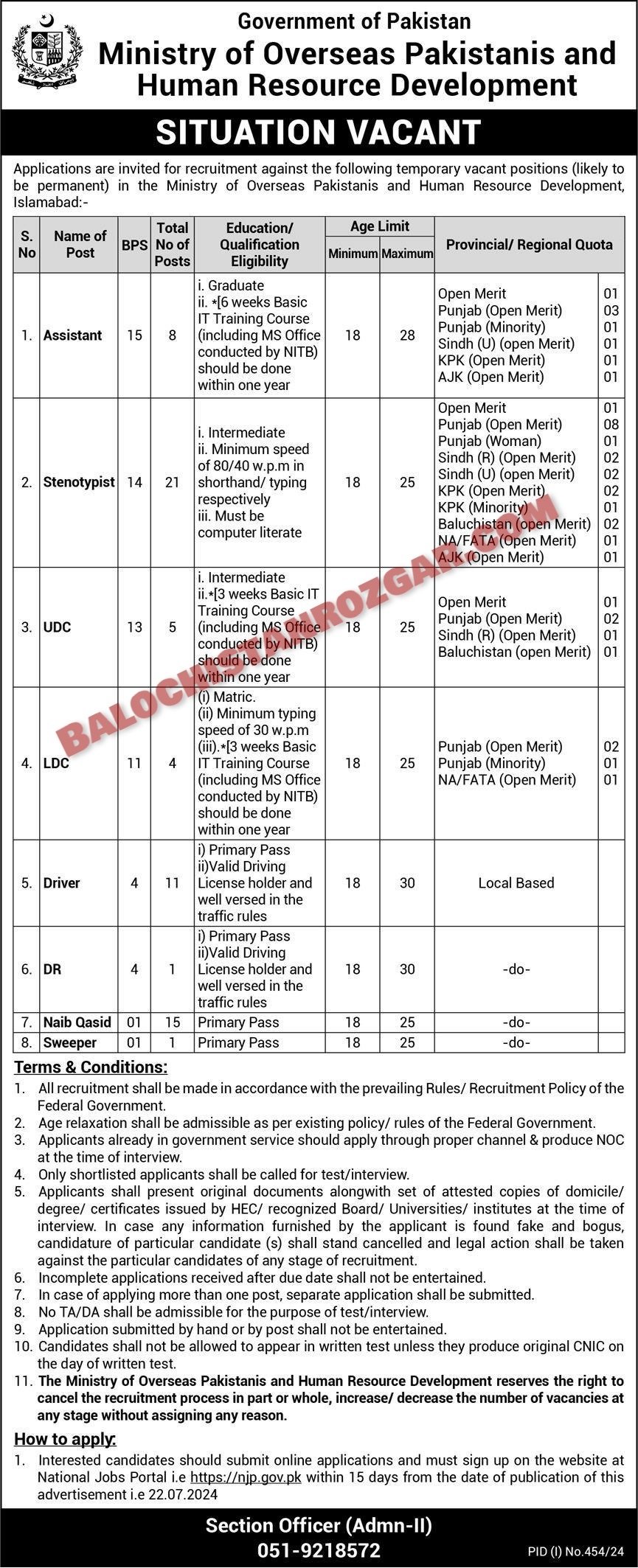 Available Positions Assistant Stenotypist UDC LDC Driver Dispatch Rider Naib Qasid Sweeper Eligibility Criteria For Ministry of Overseas Jobs 2024 Required Qualification Dear candidates, the required qualifications for the Ministry of Overseas Pakistani Jobs 2024 range from Primary to Master’s degrees, depending on the specific job position. Each vacancy has its own set of qualifications listed in the official advertisement. We advise you to carefully read the advertisement to ensure you meet the qualifications for the job you are applying for. Required Experience Dear job seekers, candidates must have relevant job-related experience for the Ministry of Overseas Pakistani Jobs 2024. Each job vacancy has its own required experience, which is detailed in the official advertisement. Please review the required experience for each position to ensure your eligibility before applying. Age Required Dear candidates the required age limit is minimum 18 years and maximum 28 years old with government upper age relaxation. Application Closing Date The application closing date for the Ministry of Overseas Pakistani Jobs 2024 is 23 November 2024. Please ensure you submit your application on or before this date. Applications received after the deadline will not be accepted and will be automatically rejected. Don’t miss this opportunity, apply on time.