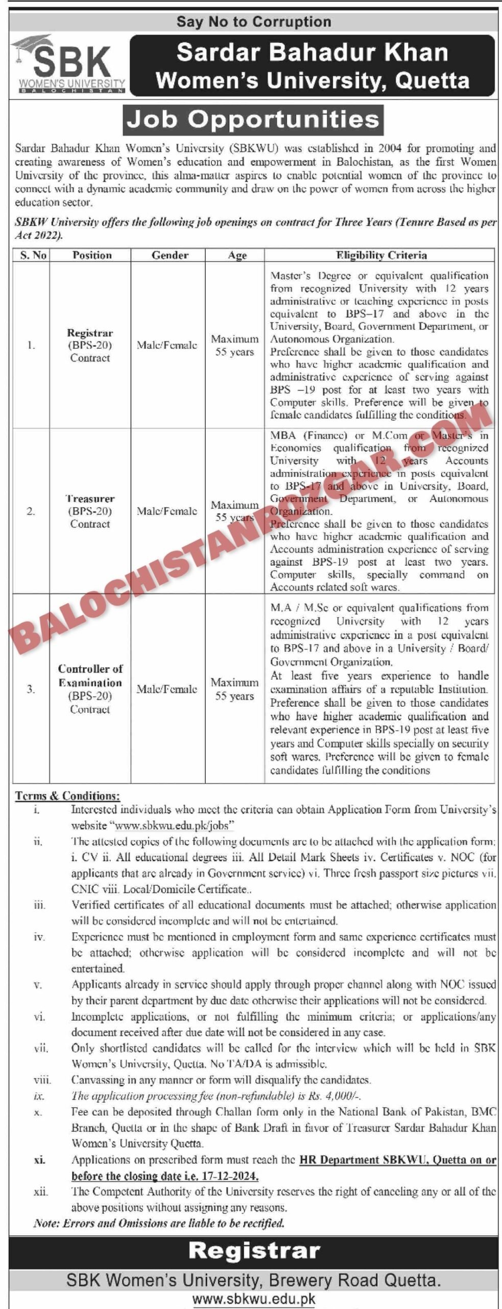 Sardar Bahadur Khan Women University SBK Jobs 2024