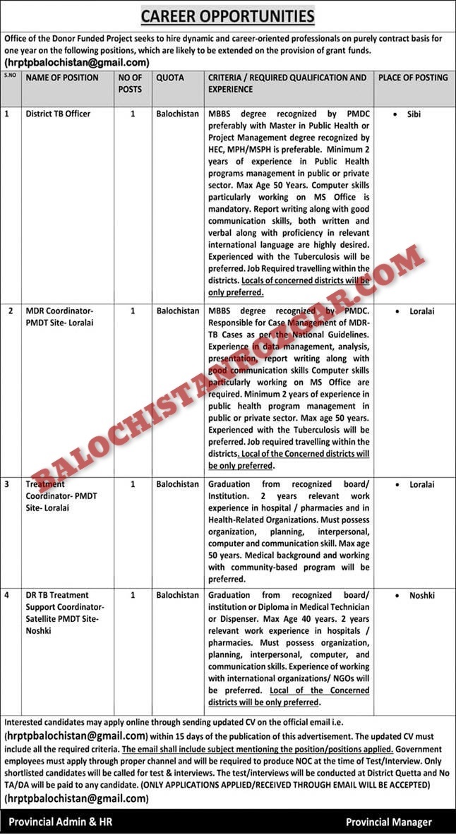 National TB Control Program Balochistan Jobs 2024