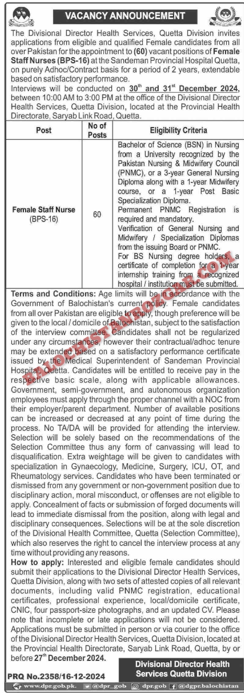 Health Services Quetta Division Female Staff Nurse Jobs 2024