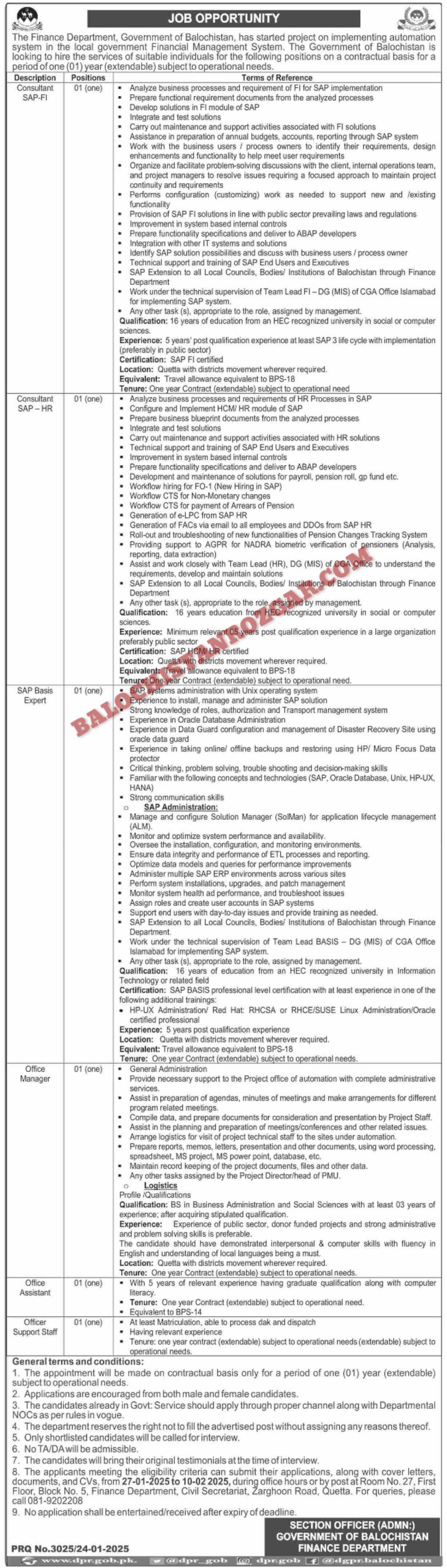 Finance Department Balochistan Jobs 2025