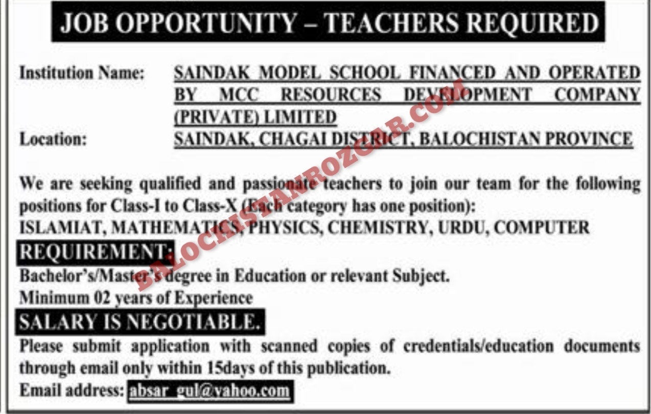 Saindak Model School Jobs 2025