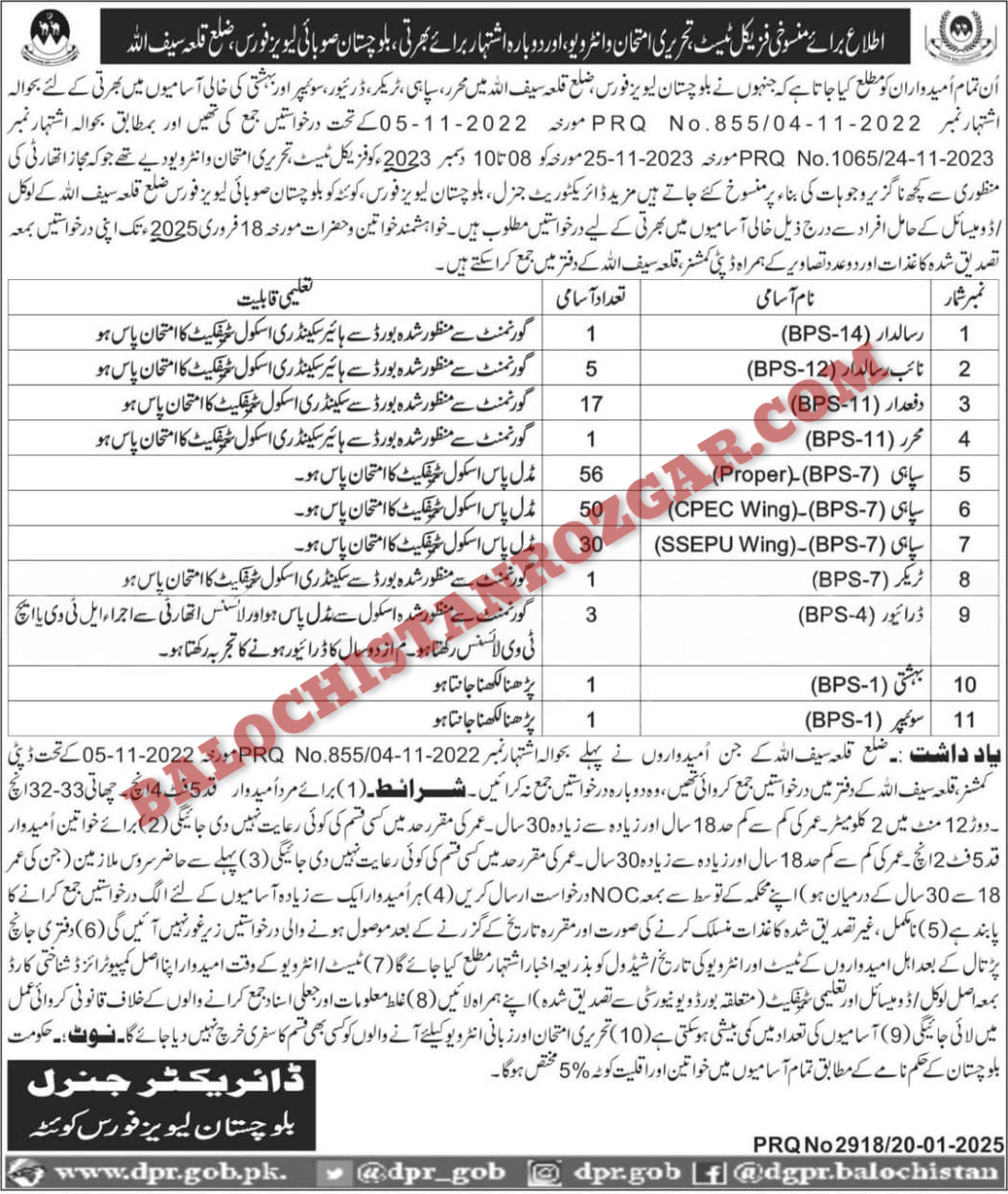 Balochistan Levis Force Qilla Saifulla Jobs 2025