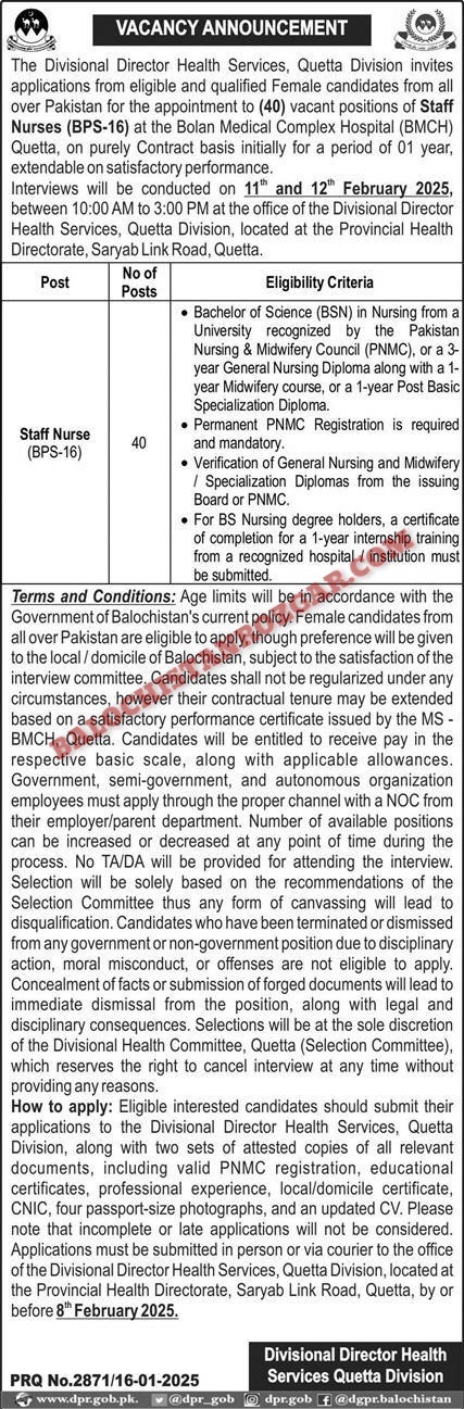 Health Department Balochistan Staff Nurse Jobs 2025