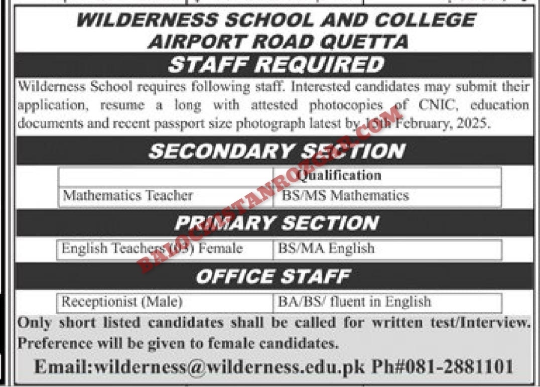 Wilderness School and College Quetta Jobs 2025