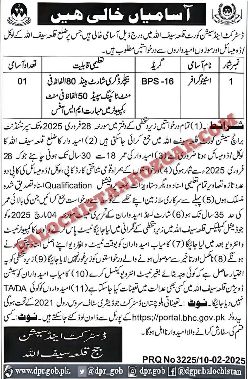 District and Session Court Qilla Saifullah Jobs 2025