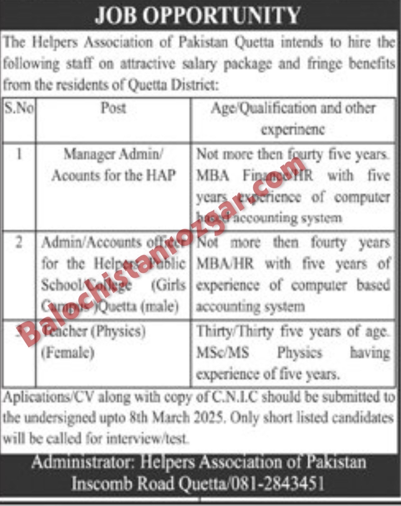 Helpers Association of Pakistan Quetta Jobs 2025