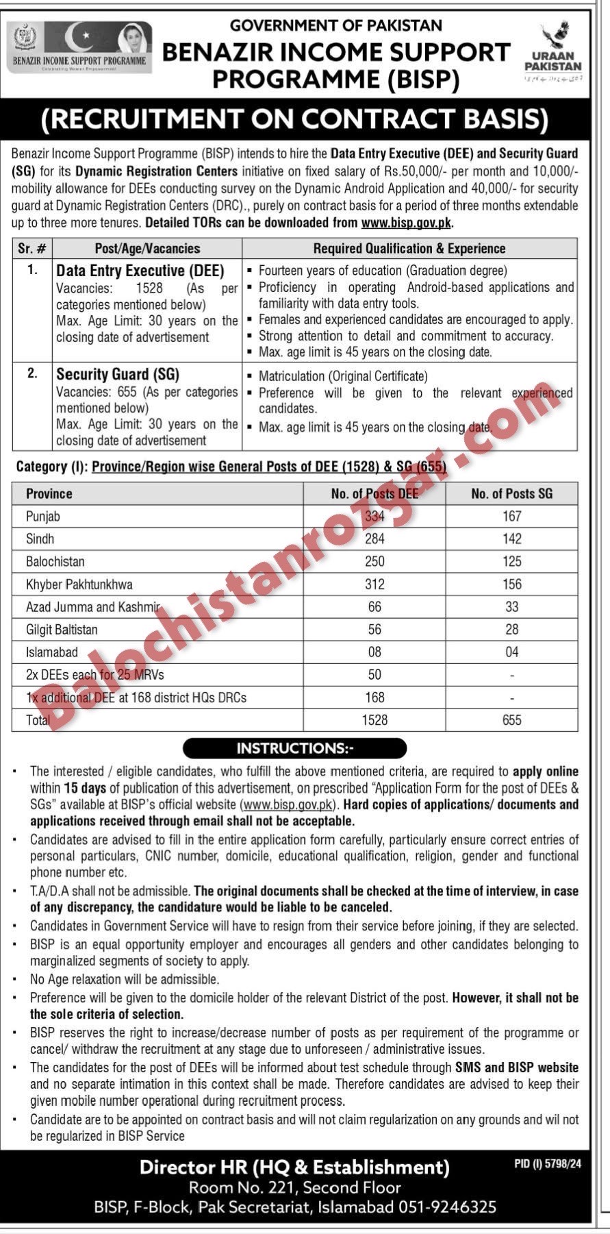 Benazir Income Support Program BISP Jobs 2025