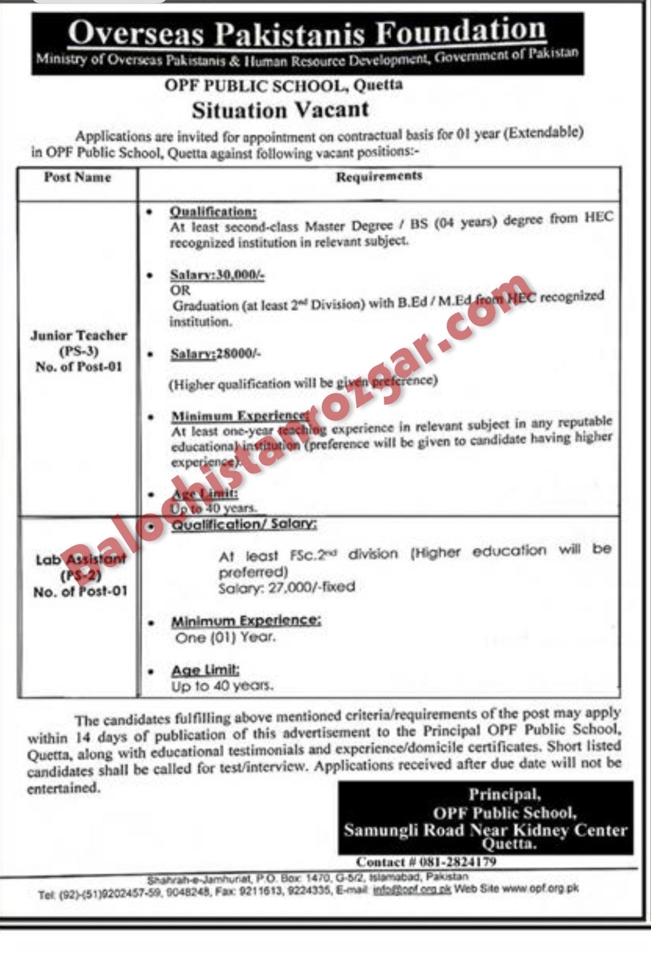 OPF Public School Quetta Jobs 2025