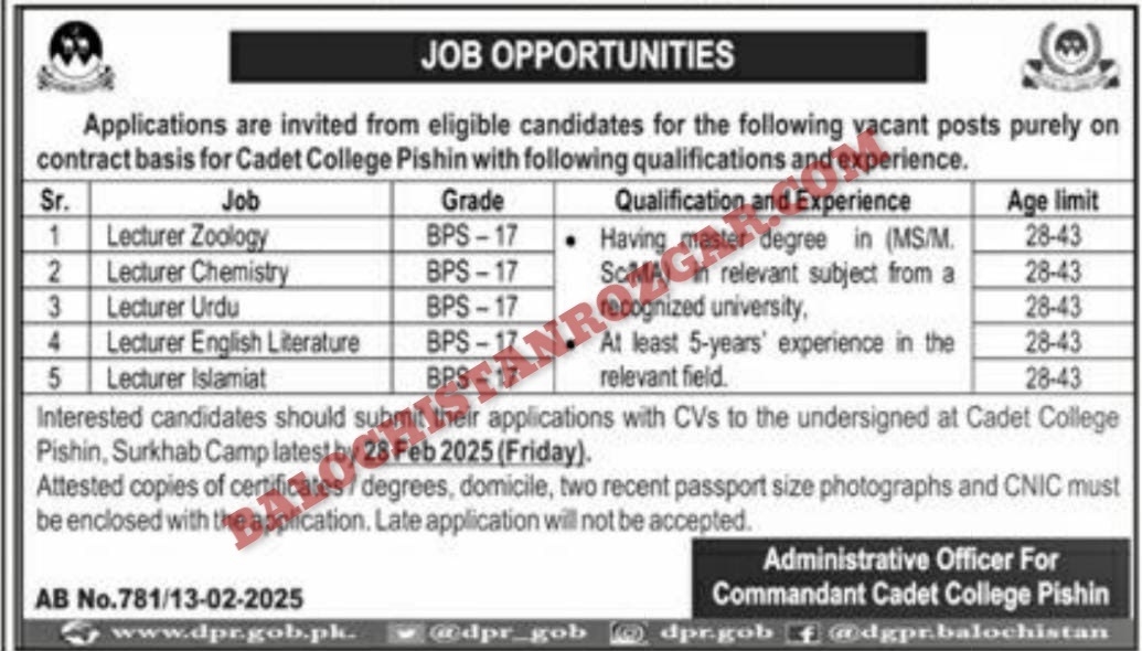 Cadet College Pishin Jobs 2025