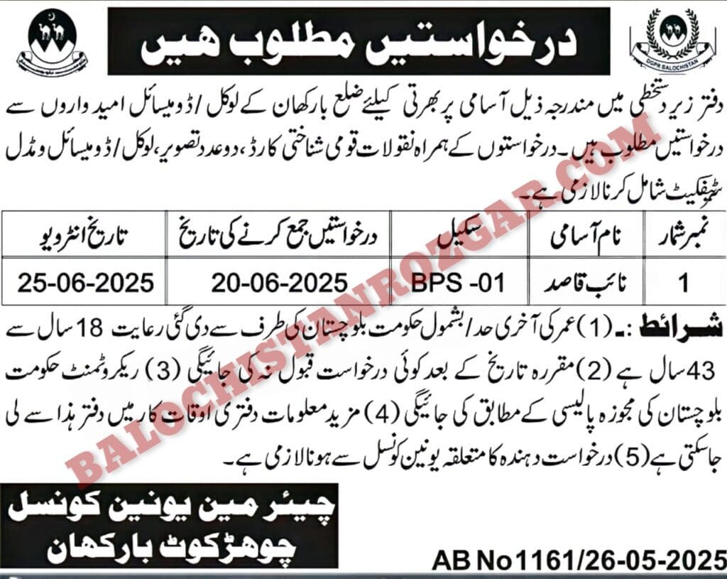 Union Council UC Barkhan Jobs 2025