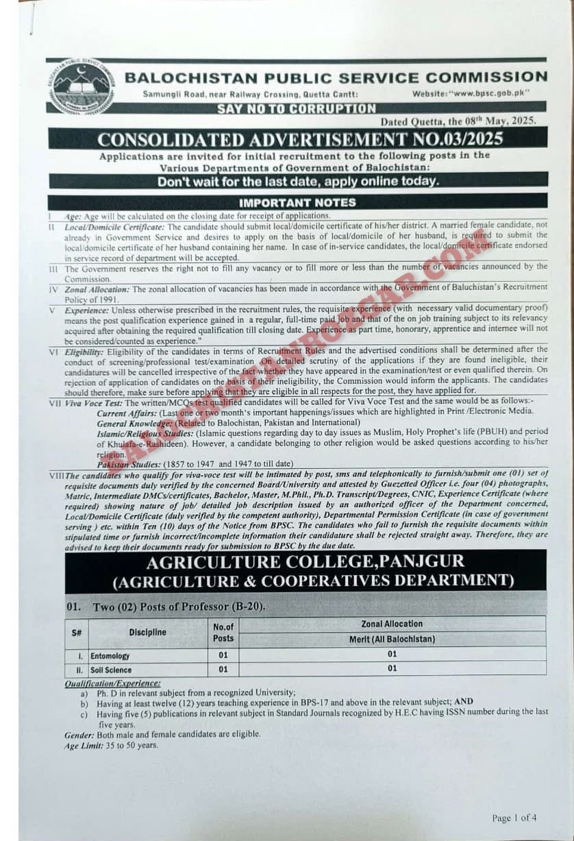 BPSC Advertisement No 3 2025 Jobs