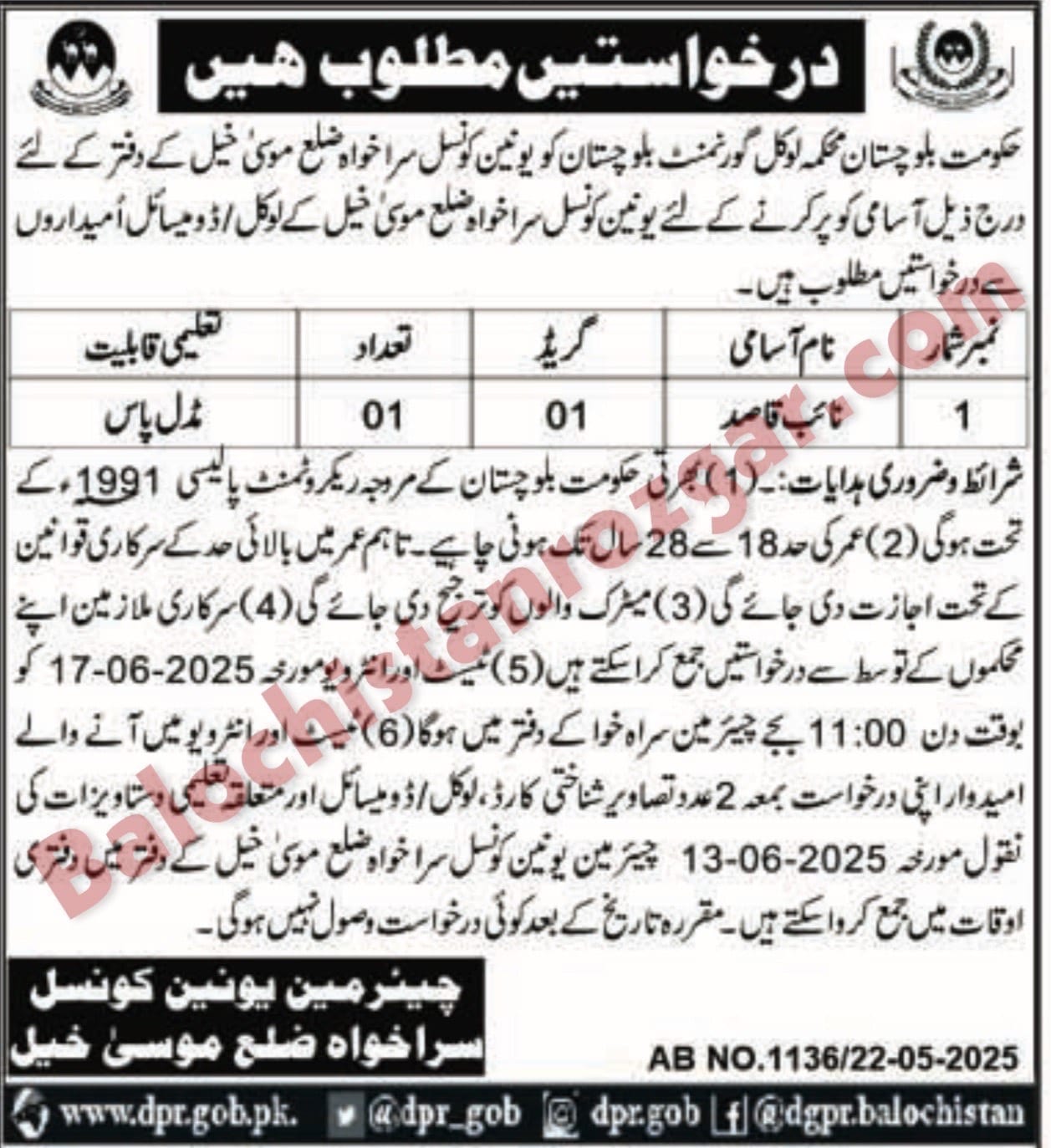 Local Government Balochistan Musakhail Jobs 2025