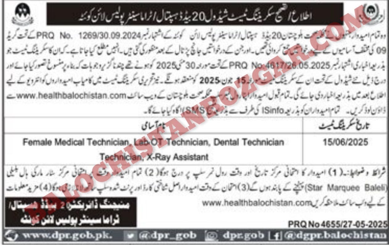 20 Beded Hospital Trauma Center Police Line Quetta Jobs Test 2025