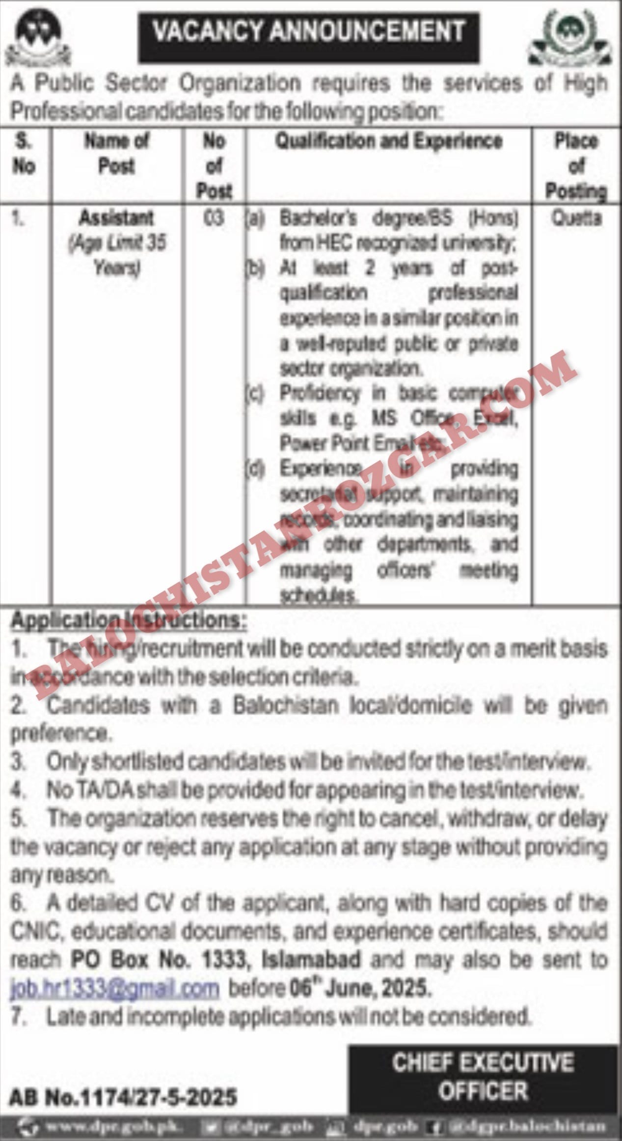 Public Sector organization Quetta Balochistan Assistant Jobs 2025