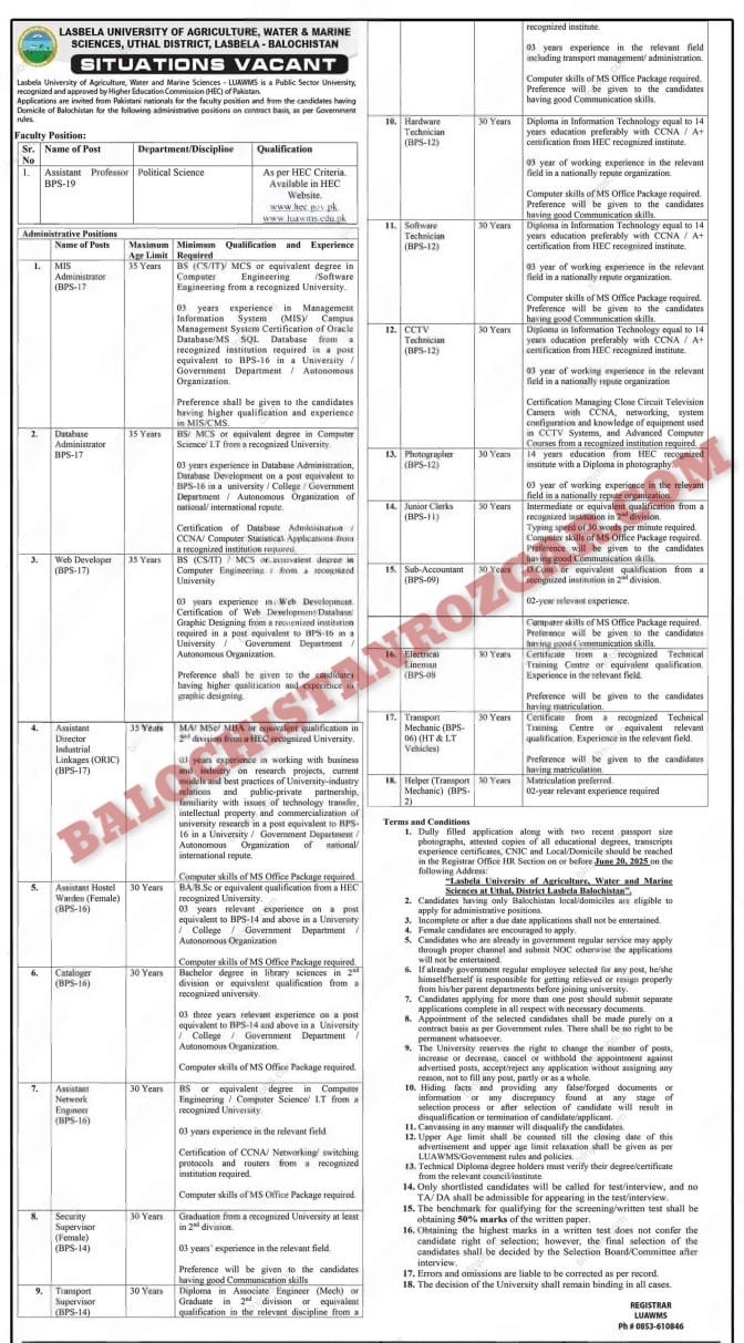 Lasbela University LUAWMS Uthal Jobs 2025