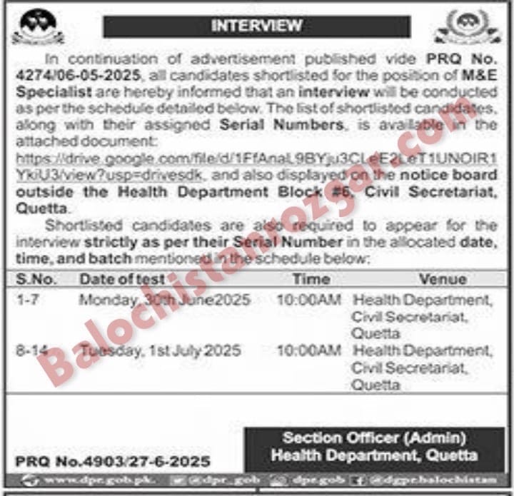 Health Department Balochistan Screening Test 2025