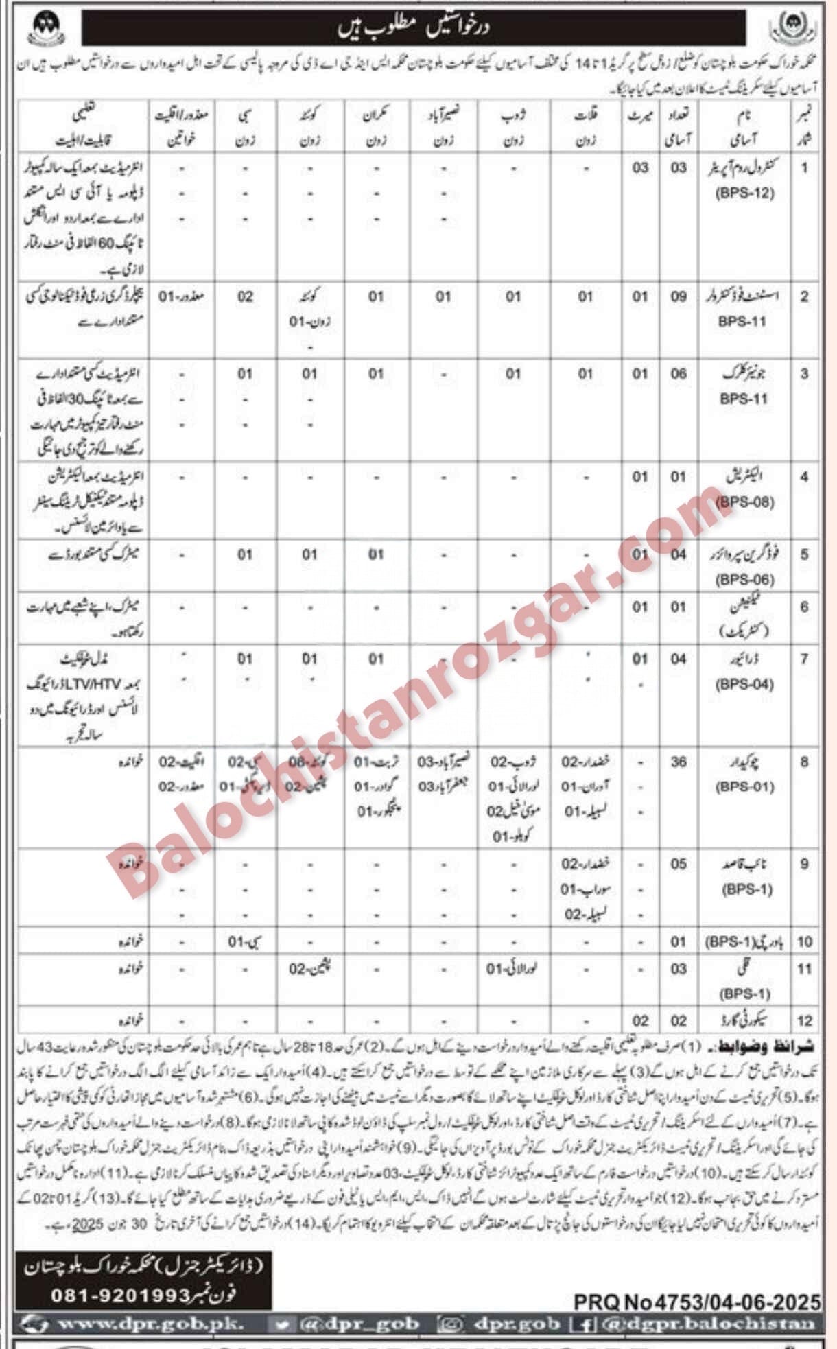 Food Department Department Balochistan Jobs 2025