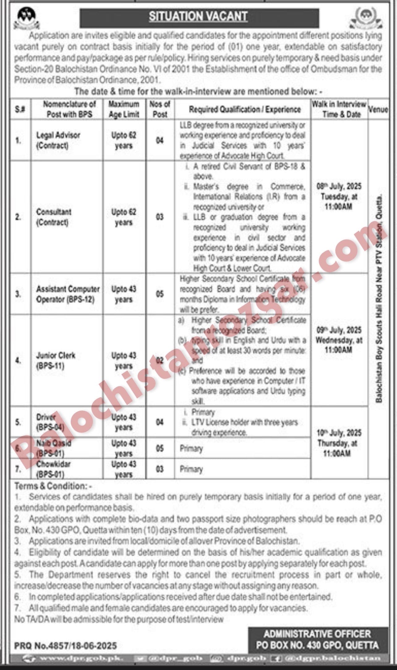 Ombudsman Balochistan PO Box 430 GPO Quetta Jobs 2025 – Walk-in Interviews