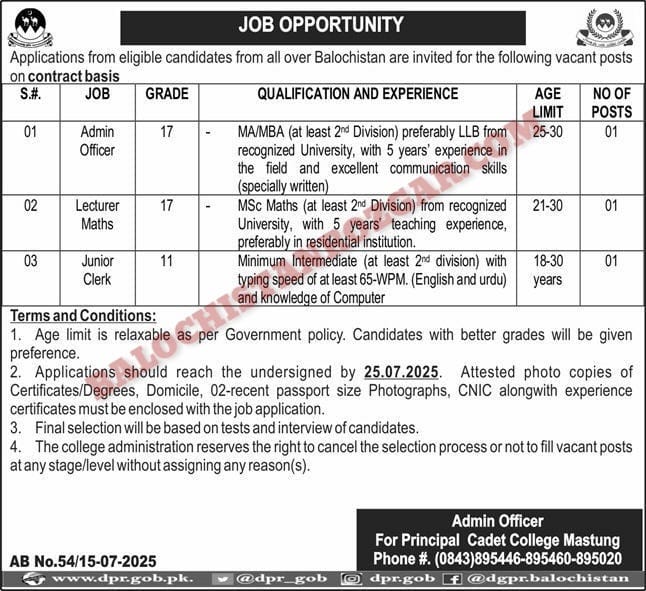 Cadet College Mastung Jobs 2025