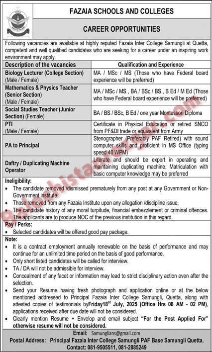 Fazaia School and Colleges Quetta Jobs 2025 2
