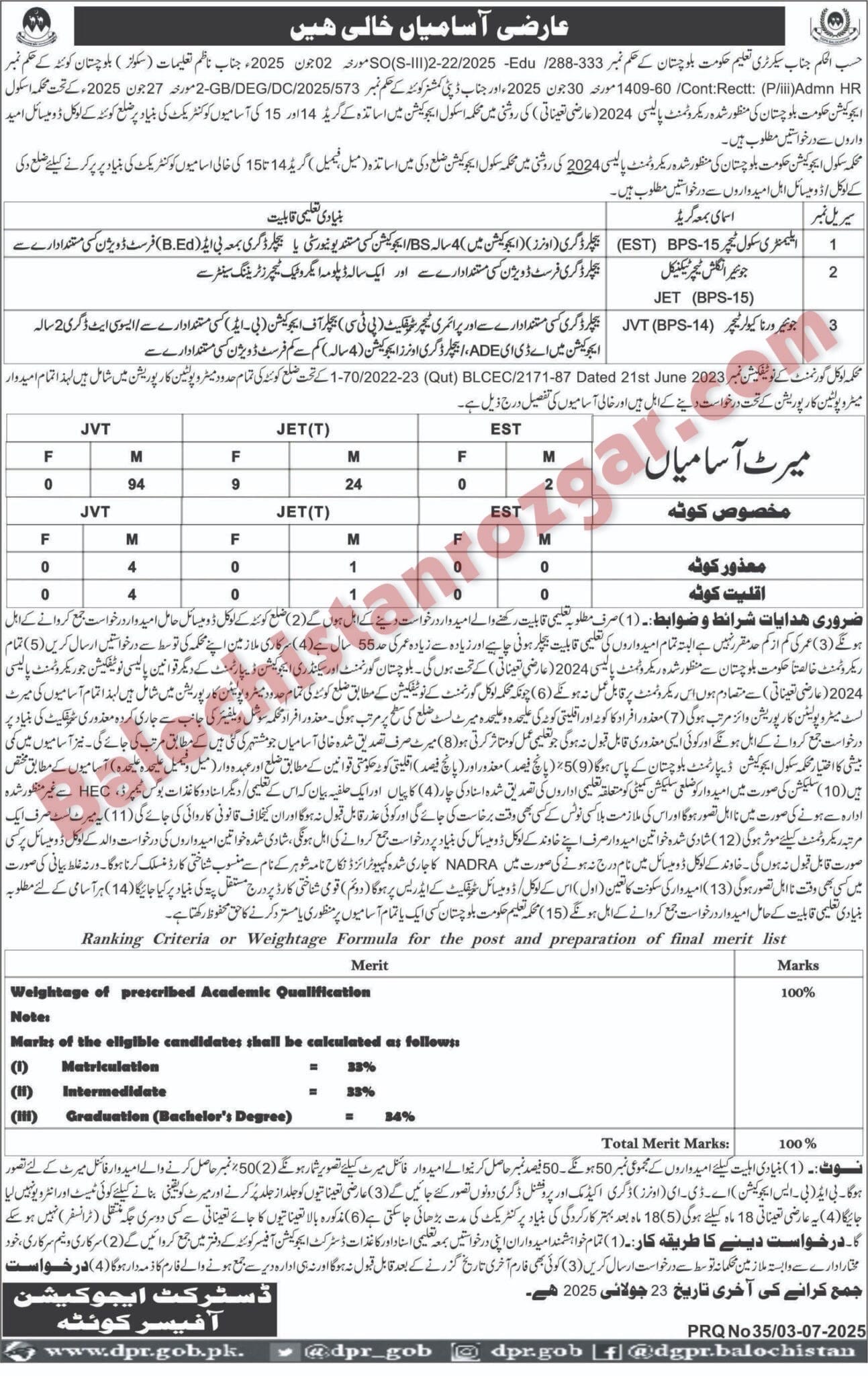 education quetta jobs