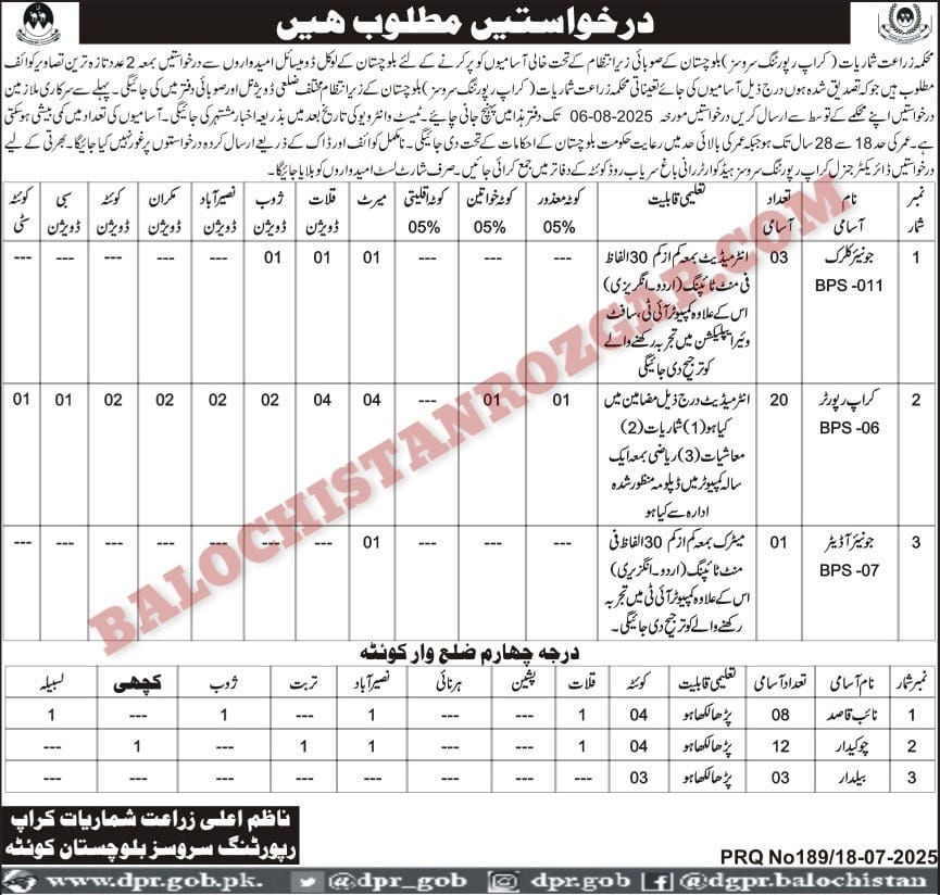 Agriculture Department Crop Reporting Services Balochistan Jobs 2025