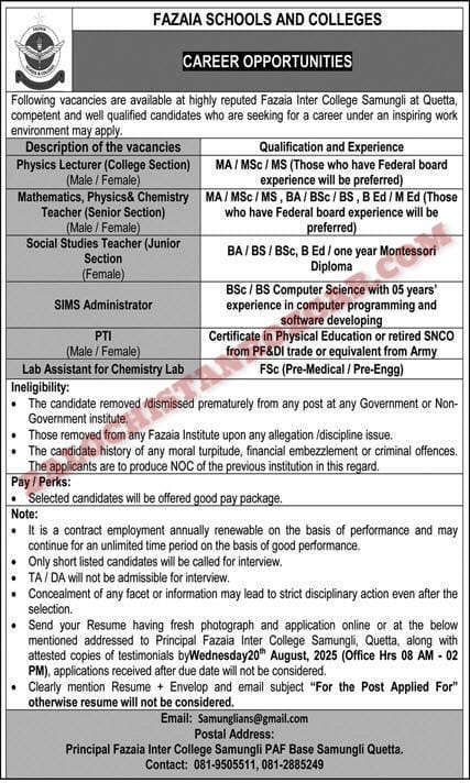 Fazaia School and Colleges Quetta Jobs 2025